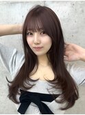 美髪カールピンクブラウン韓国レイヤーロングセミディ顔周り前髪