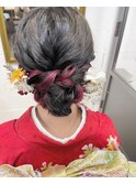 振袖 赤 インナーカラー 編み込み シニヨン ヘアアレンジ