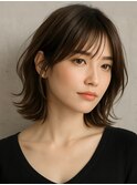 大船ミディアムレイヤーカットワンカラーオリーブブラウン30代◆