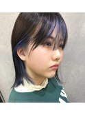 インナーカラー/ブルーアッシュ/外ハネミディアムボブ