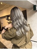 バレイヤージュ、ハイライト、レイヤーロング、グレーベージュ