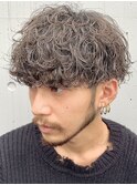 仙台波巻きパーマメンズマッシュセンターパートゆるめ強め30代◆