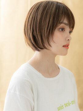 オレンジベージュハイライトカラー小顔丸みボブX大宮20代30代