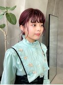 ピンクカラー　赤髪　暖色系　パーマ　ミディアム　ワイン-
