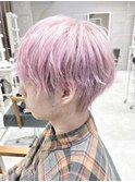 ピンクカラーツーブロックマッシュショート  ウルフハイライト