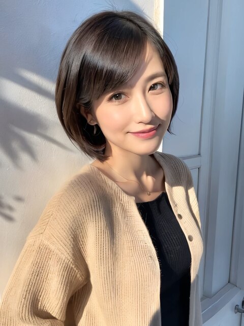 大人可愛い丸みショートボブ 前髪あり ミディアムボブ 暗髪