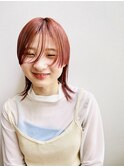 ミディアムウルフレイヤーシースルーバングダブルカラーピンク