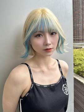 エアー 青山(AIR) インナーカラーペールブルー水色デザインカラーボブ