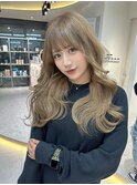 ★丸型逆三角ホワイトグレージュデジタルパーマチェリーブラウン