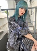 ダブルカラー/ターコイズブルー/シンプルストレート/原宿