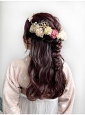 卒業式袴着付けヘアセットハーフアップ編み下ろしピンクカラー