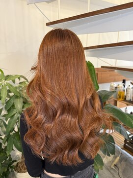 ピークスヘア(peaks hair) ブリーチなしWカラー オレンジベージュ 巻き髪 堀江