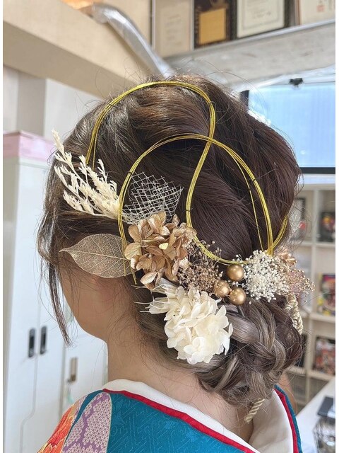 成人式着物ヘアセット 華やか編み込みアップスタイル