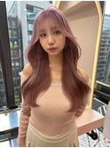 韓国ヘア/顔まわりカット/くびれヘア/前髪あり/ピンクベージュ