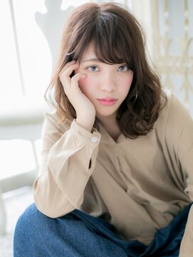 モッズ ヘア 福岡姪浜店(mod's hair) *mod's姪浜*…斜めバングカーキベージュ大人巻き鎖骨ミディアムe