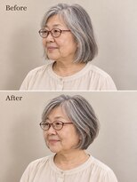aptas 青山/表参道 白髪染め/白髪ぼかしハイライト/ボリュームアップエクステ 60代の大人白髪ボブ|表参道・青山