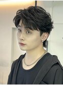 韓国風センターパートシースルーバングメンズ透明感カラー