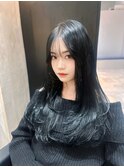 韓国風スタイル/くびれヘア/ヨンモリヘア/ロング/ネイビー
