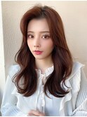 デジタルパーマ韓国くびれヘアミディアムチェリーブラウン