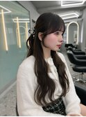 博多韓国ヘア/顔周りカット/暗めカラー/ロングヘア/ぱっつん前髪