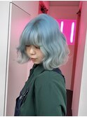ペールブルー/ウェーブ巻き/ボブ
