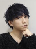 ブルーブラックブリーチカラーパーマ束感ツーブロック刈り上げ