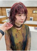 レイヤーボブ　ボブパーマ　ピンクレッド　暖色系カラー