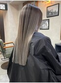 バレイヤージュ、ハイライト、レイヤーロング、グレーベージュ