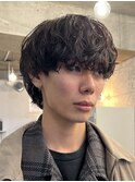原宿メンズマッシュウルフ無造作シャドウパーマツーブロック黒髪