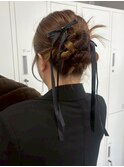 ヘアアレンジ リボンアレンジ カチモリ お団子 結婚式 20代30代
