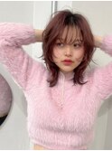 レイヤーカット　ニュアンスパーマ　小顔　カシスピンク　