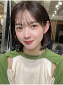 切りっぱなしボブチェリーブラウンミニウルフ前髪縮毛矯正表参道