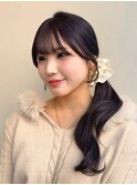 ロング ヘアアレンジ 前髪 顔周りカット レイヤー 透明感カラー
