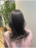 小顔フェイスレイヤー/外ハネミディアム/暗髪アッシュグレージュ