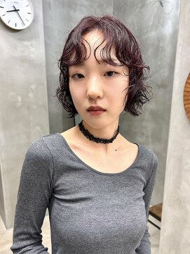 テトヘアー(teto hair) リップラインミニボブ　くせ毛風パーマニュアンス　レッドカラー