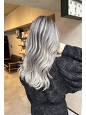 バレイヤージュ、ハイライト、レイヤーロング、グレーベージュ