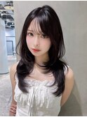 ロング暗めカラー韓国ヘア顔周りレイヤー_F41012