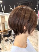 ロングショートワンカールパーマカーキグレージュ前髪錦糸町
