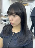 美髪カールブルーブラック韓国レイヤーロングセミディ顔周り前髪