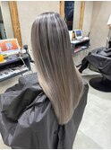 バレイヤージュ、ハイライト、レイヤーロング、グレーベージュ