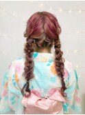 もこもこ　アレンジ　三つ編みツイン　おさげ　ヘアセット