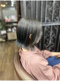 白髪ぼかし　ブルーハイライト　ブルー×ブラック　ぱつっとボブ