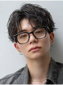 黒髪シャドウパーマツーブロックビジネスシースルーマッシュ