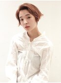 くびれヘアアプリコットオレンジ夏ハイライトカラー丸型卵型ボブ
