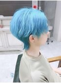 ウルフカット/水色カラー　ブルーカラー/グレージュカラー