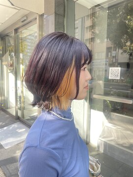 ファイブバイジエクト 堀江(FIVE by The Ect) くびれミディアム　インナーカラー　ウルフボブ　ピンクブラウン