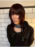 17488黒髪シンメトリーマレットヘアモードロング