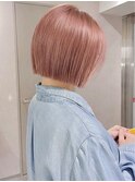ミルクティーピンクベージュ/レイヤーボブ/韓国巻き顔周りカット