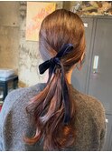20代30代40代♪大人可愛いブラウンカラーゆるふわローポニー