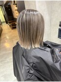 バレイヤージュ、ハイライト、レイヤーロング、グレーベージュ